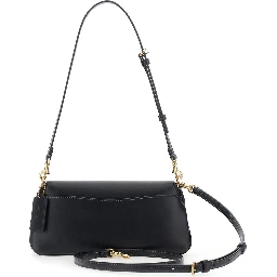 Jet Black Crossbody bag with Logo Plate on the Front and Adjustable and Removable Black Strap in Leather for Women