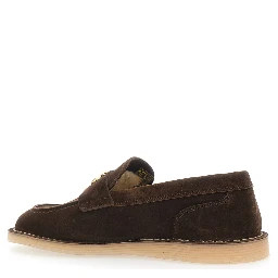 Brown Loafers with logo plate on the front and contrasting stitching in suede for women