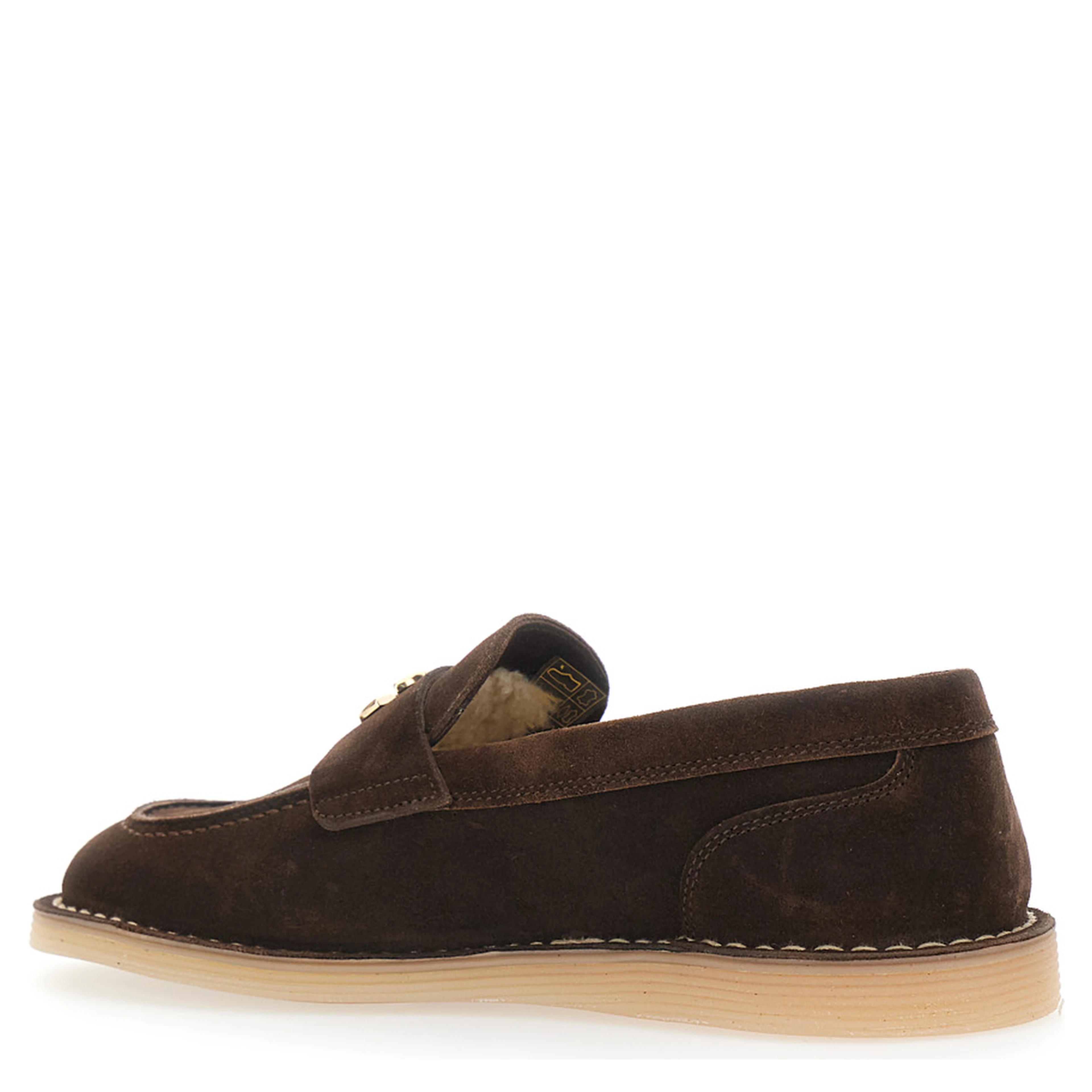 Brown Loafers with logo plate on the front and contrasting stitching in suede for women