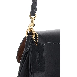 Jet Black Crossbody bag with Logo Plate on the Front and Adjustable and Removable Black Strap in Leather for Women