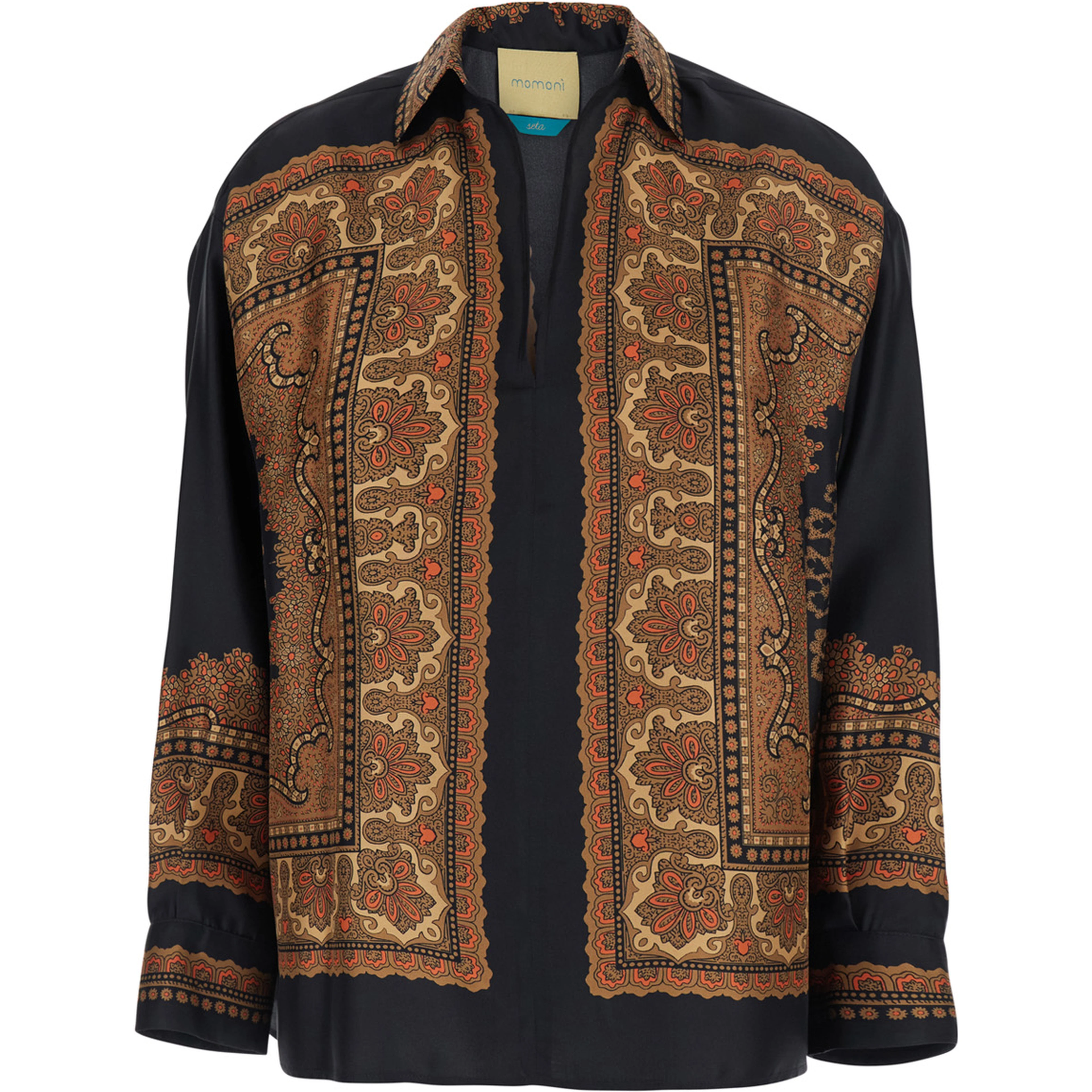 EIKI black Blouse with V-neck and all-over print in silk for women