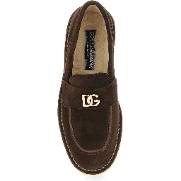 Brown Loafers with logo plate on the front and contrasting stitching in suede for women
