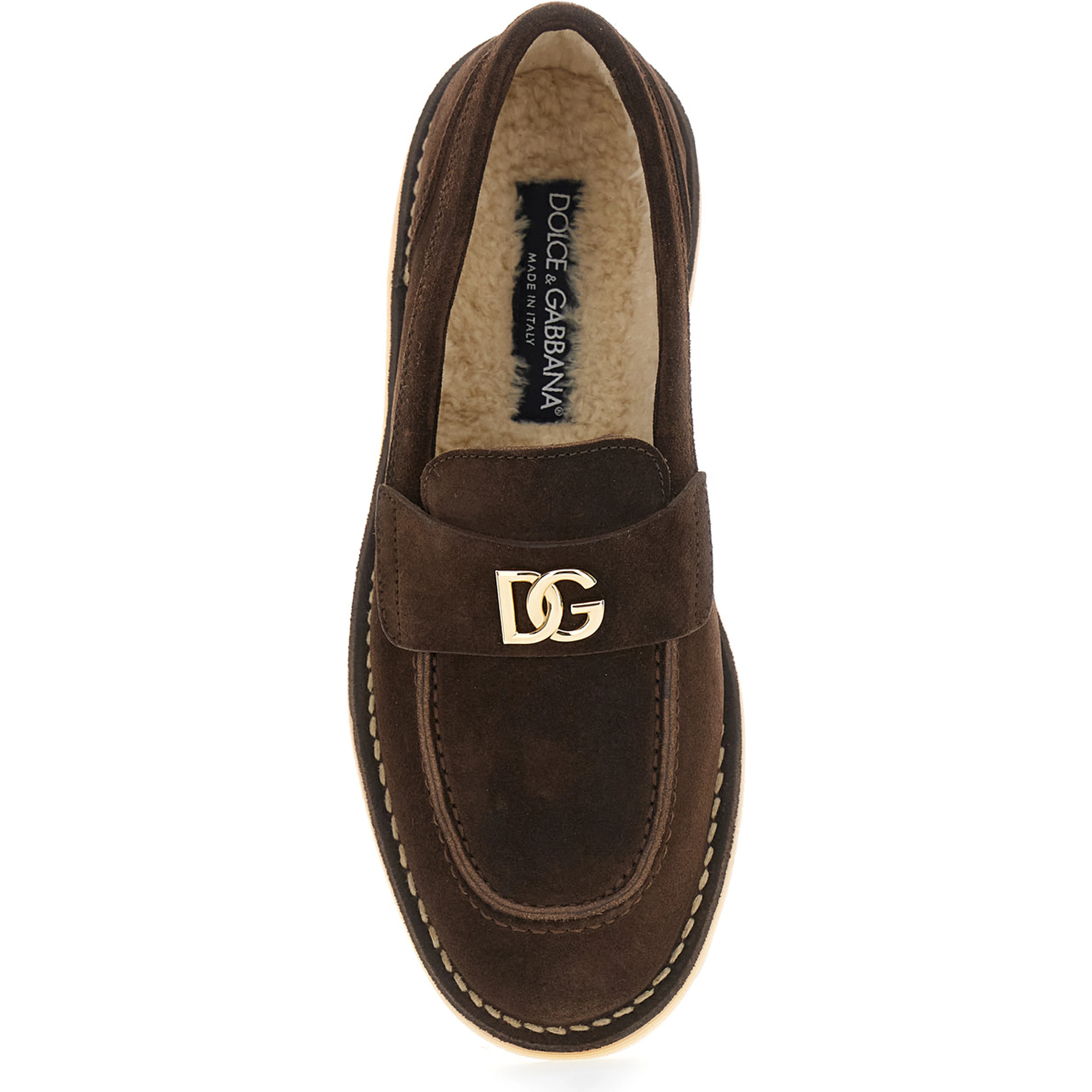 Brown Loafers with logo plate on the front and contrasting stitching in suede for women