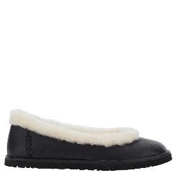 Black ballet shoes with fur lining in leather for women