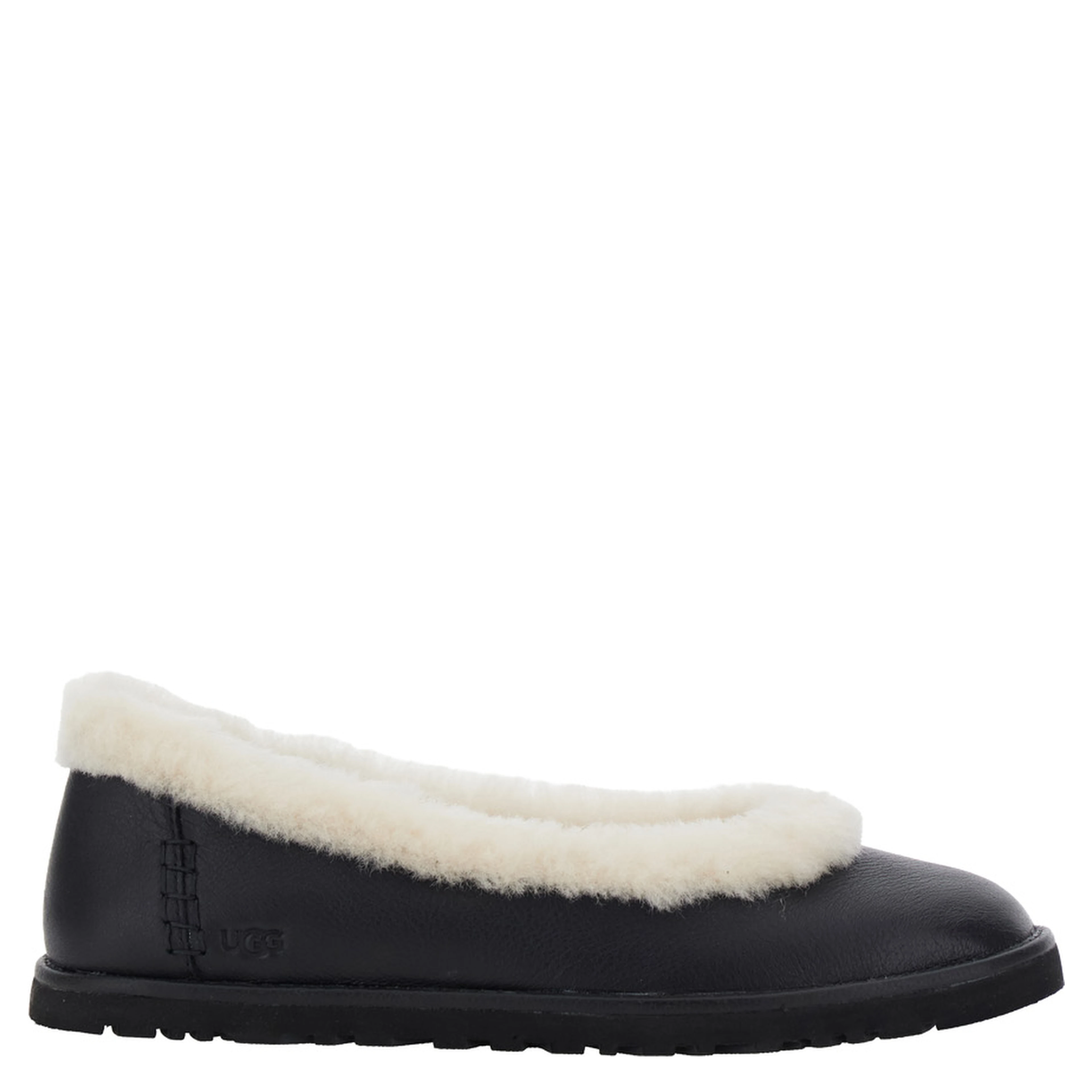 Black ballet shoes with fur lining in leather for women