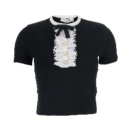 black Top with collar with lace details in wool for women