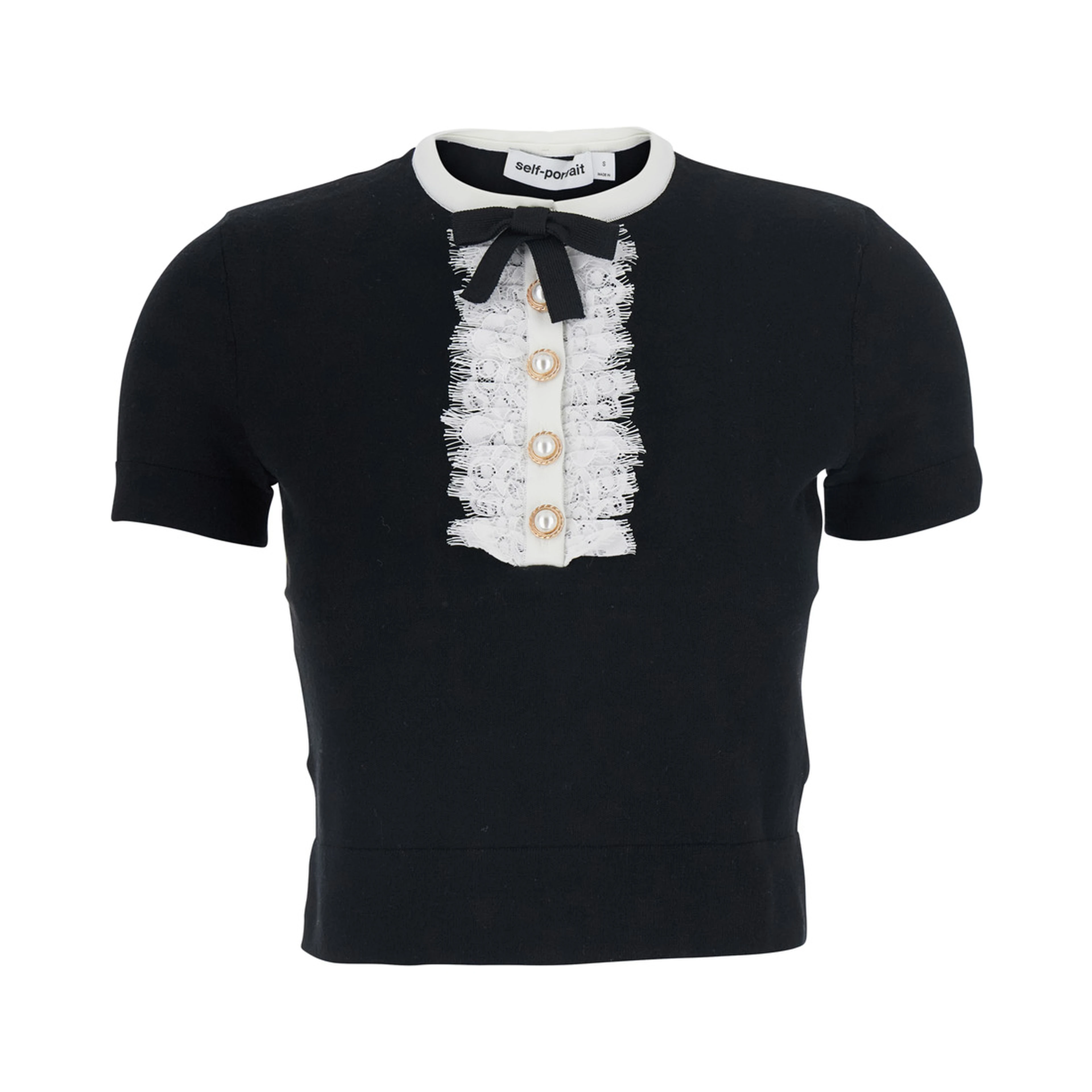 black Top with collar with lace details in wool for women