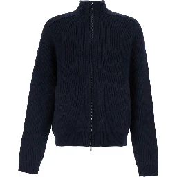 Blue Ribbed Sweater with High Collar and Zip Closure in Wool for Men