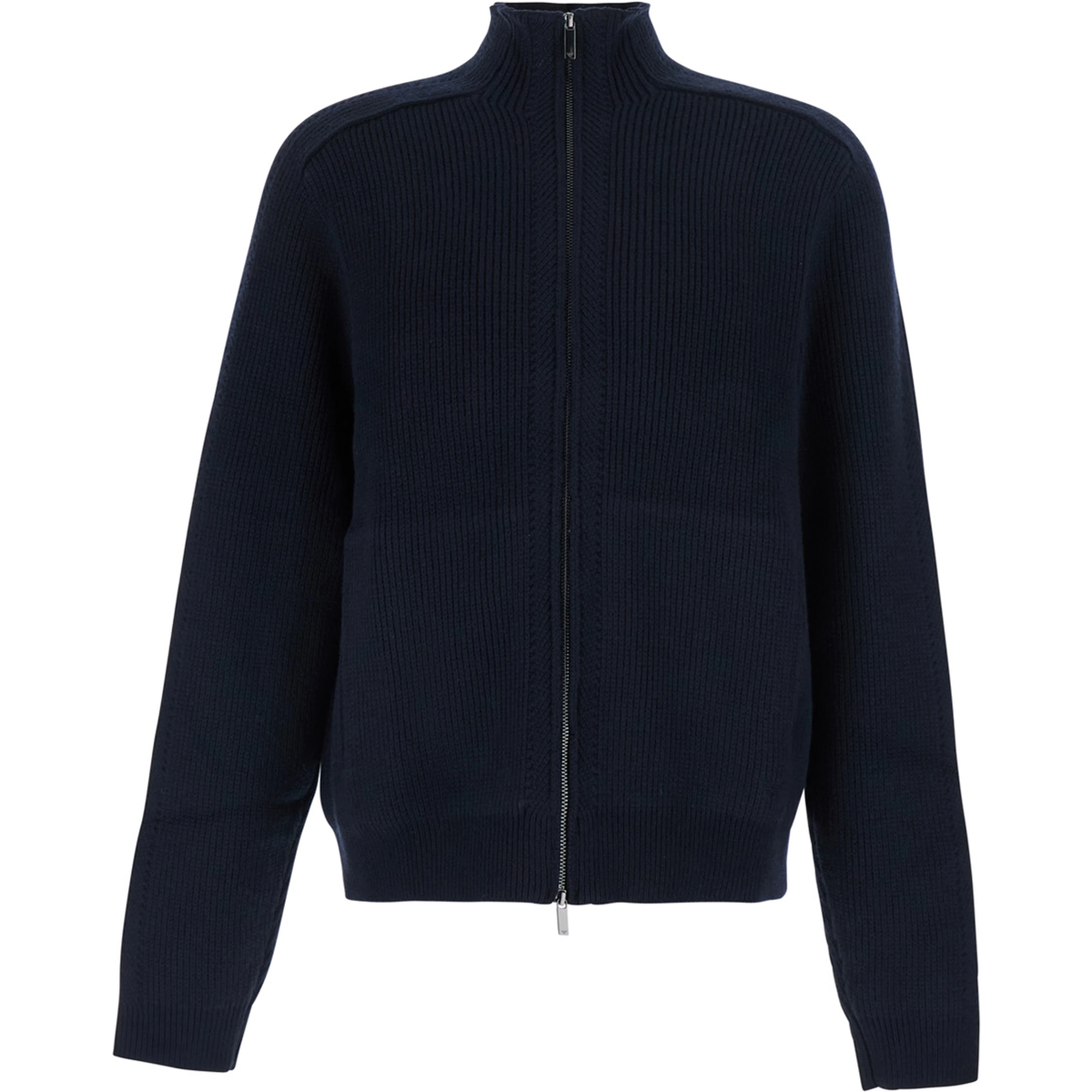 Blue Ribbed Sweater with High Collar and Zip Closure in Wool for Men