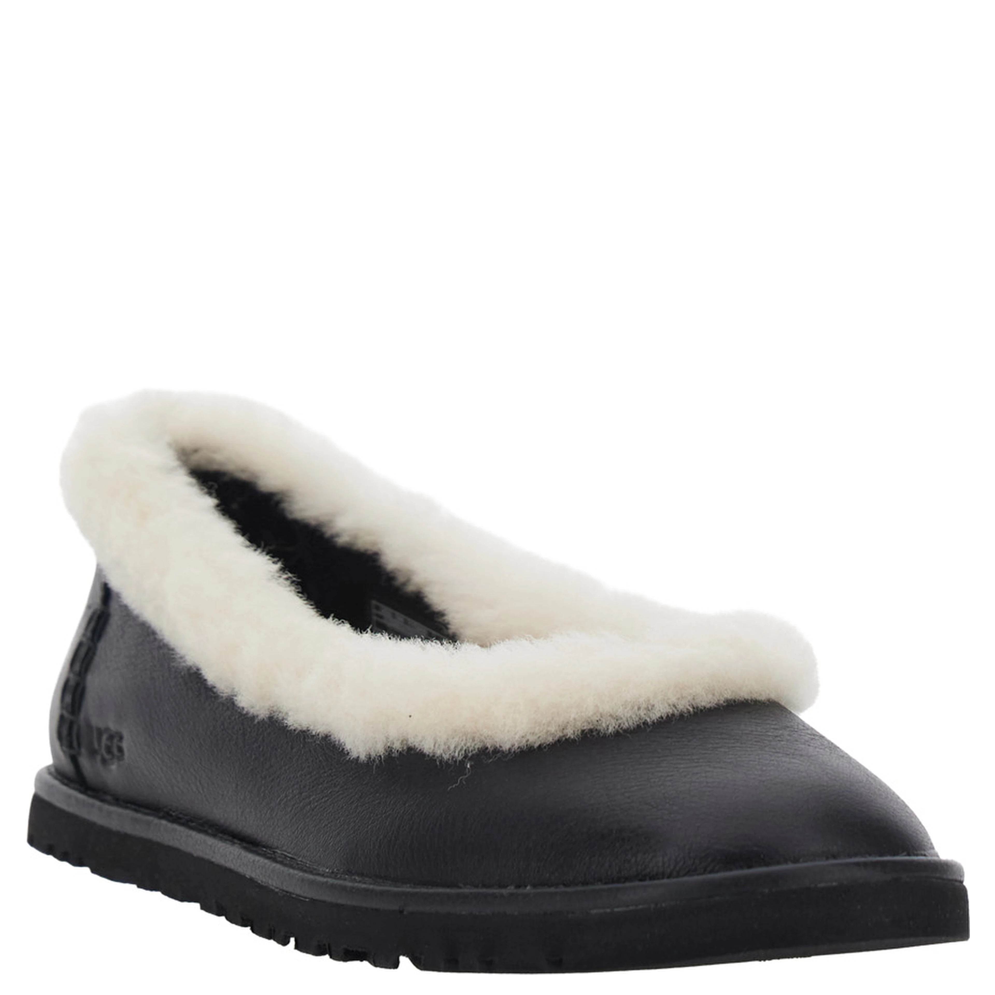 Black ballet shoes with fur lining in leather for women