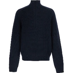 Blue Ribbed Sweater with High Collar and Zip Closure in Wool for Men