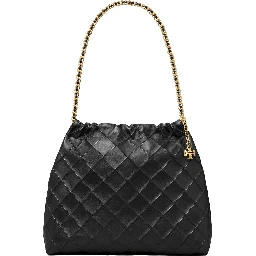 Shoulder Bag with Chain Handles and Diamond Quilting in Black Leather for Women