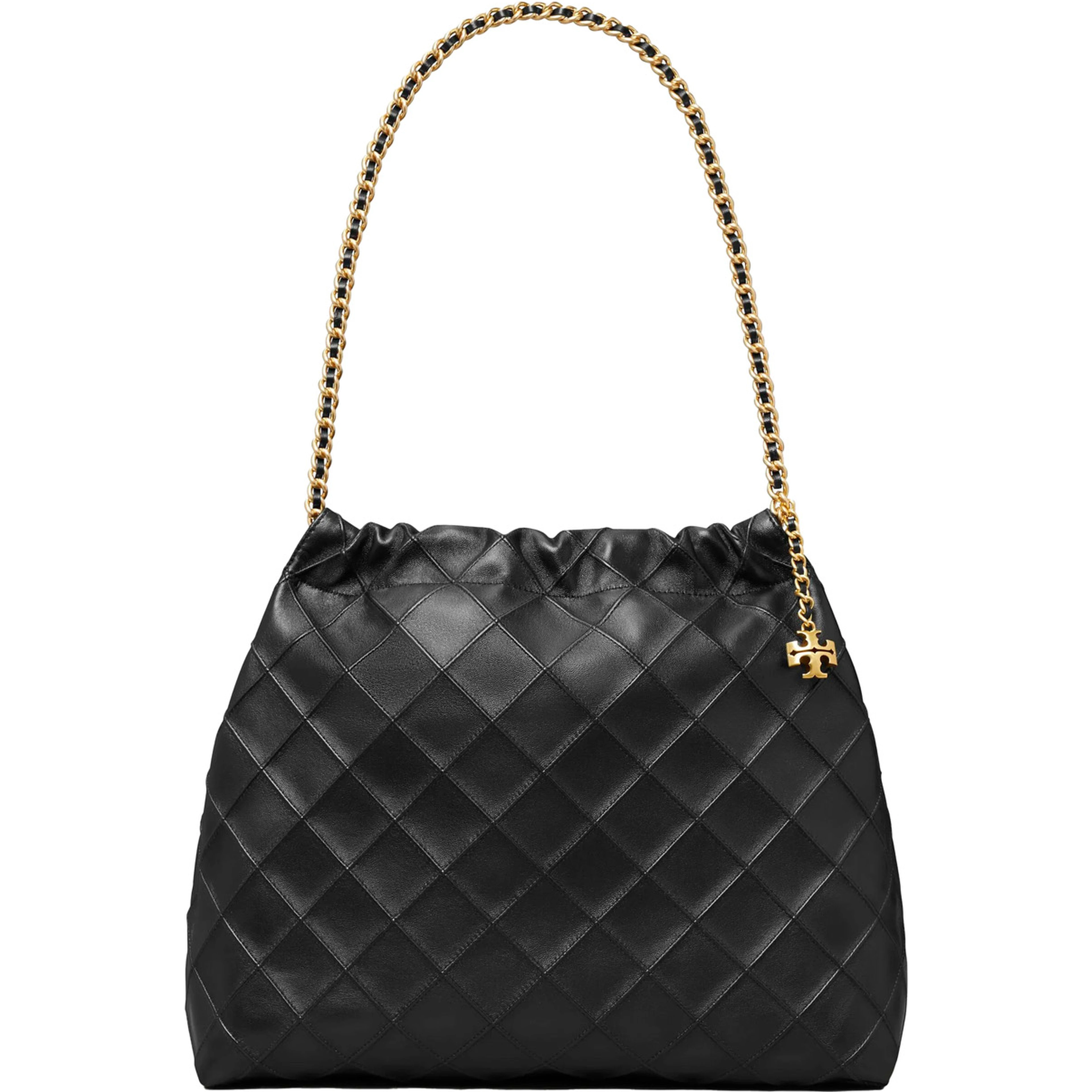 Shoulder Bag with Chain Handles and Diamond Quilting in Black Leather for Women