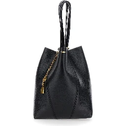 Shoulder Bag Spin with Logoed Metal Medals in Black Grained Leather for Women
