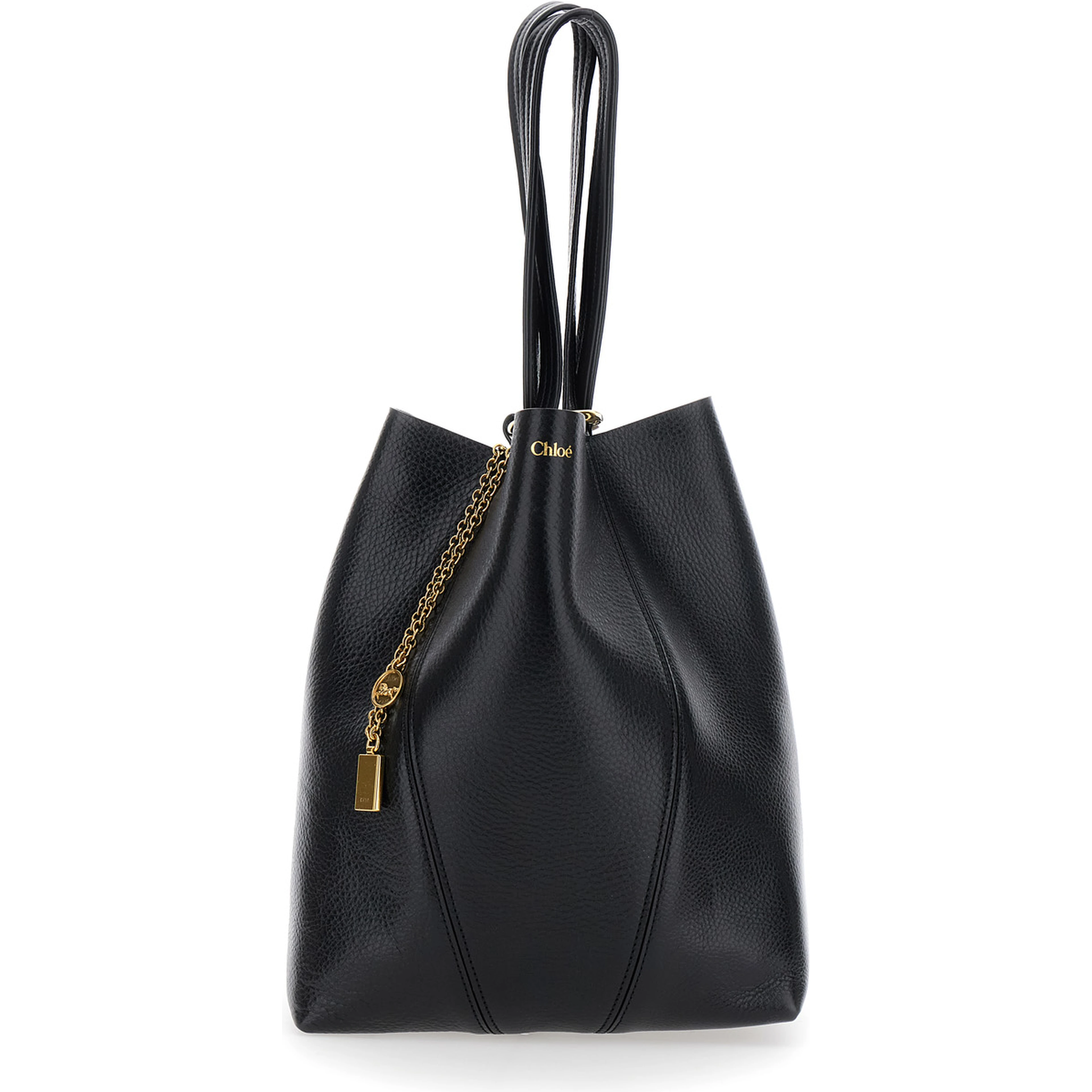 Shoulder Bag Spin with Logoed Metal Medals in Black Grained Leather for Women