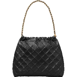 Shoulder Bag with Chain Handles and Diamond Quilting in Black Leather for Women