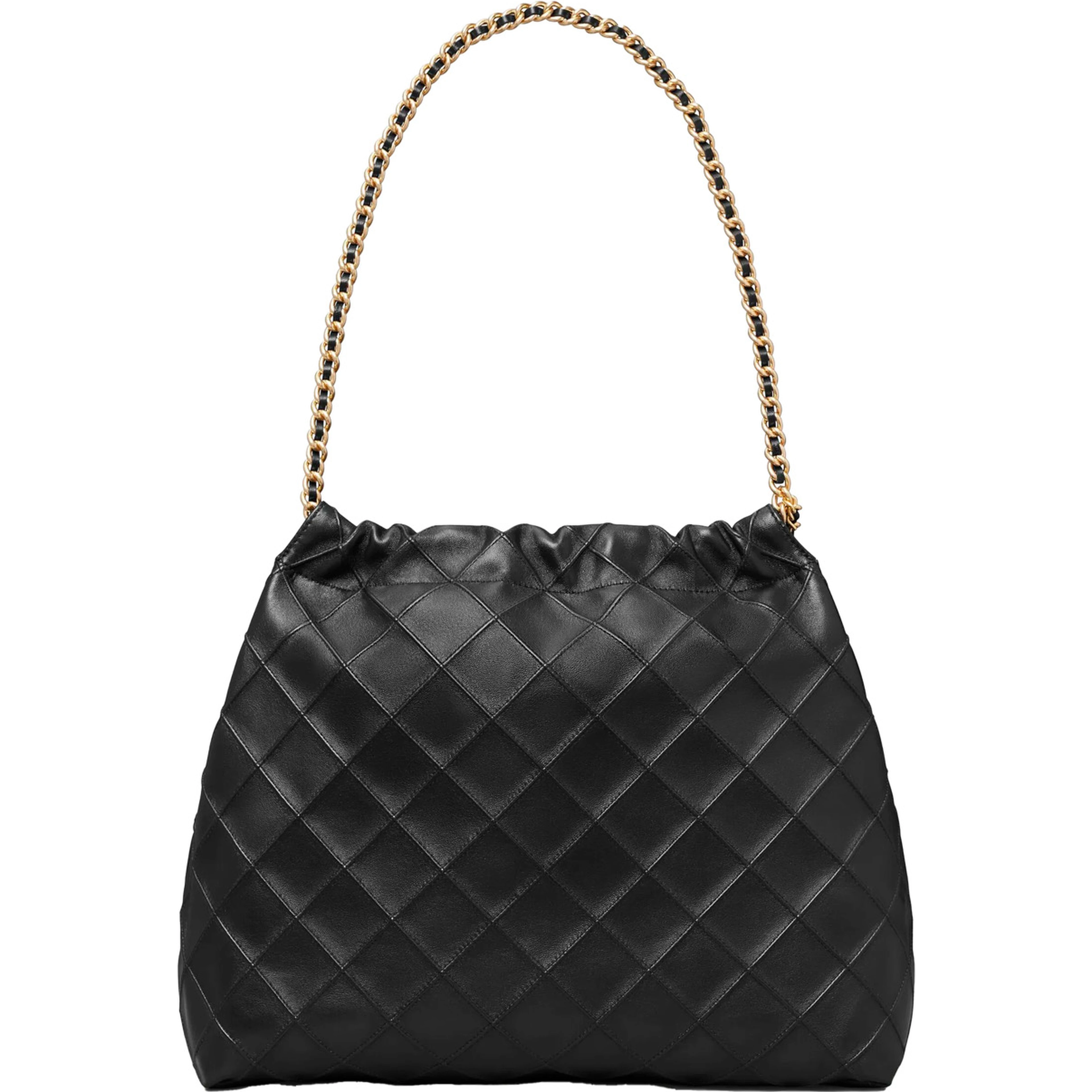 Shoulder Bag with Chain Handles and Diamond Quilting in Black Leather for Women