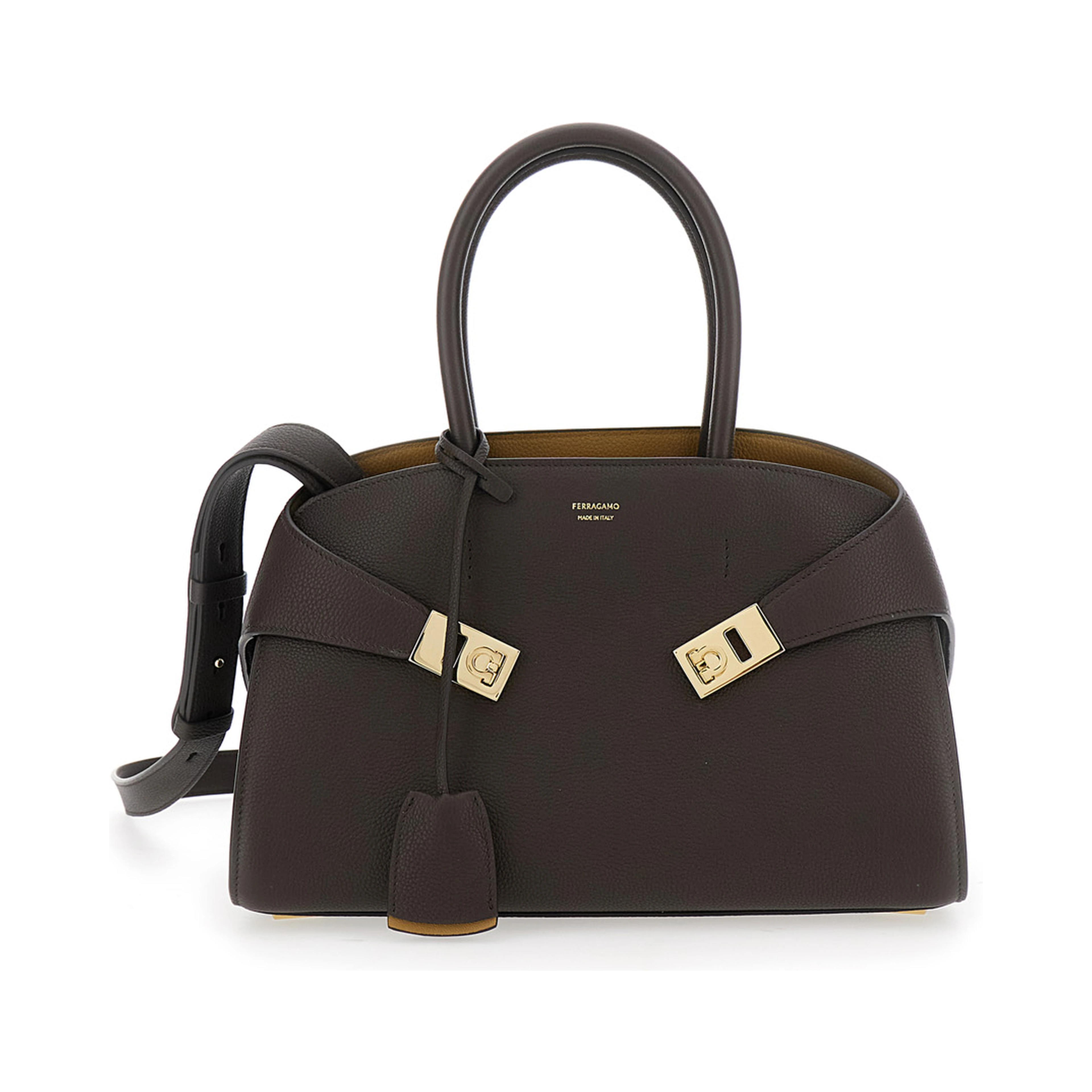 Shoulder Bag Hug Small with Logo Lettering and Gancini Buckles on the Front in Brown Leather for Women