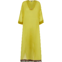 Yellow Kaftan with V-neck and front metal plate in silk Women