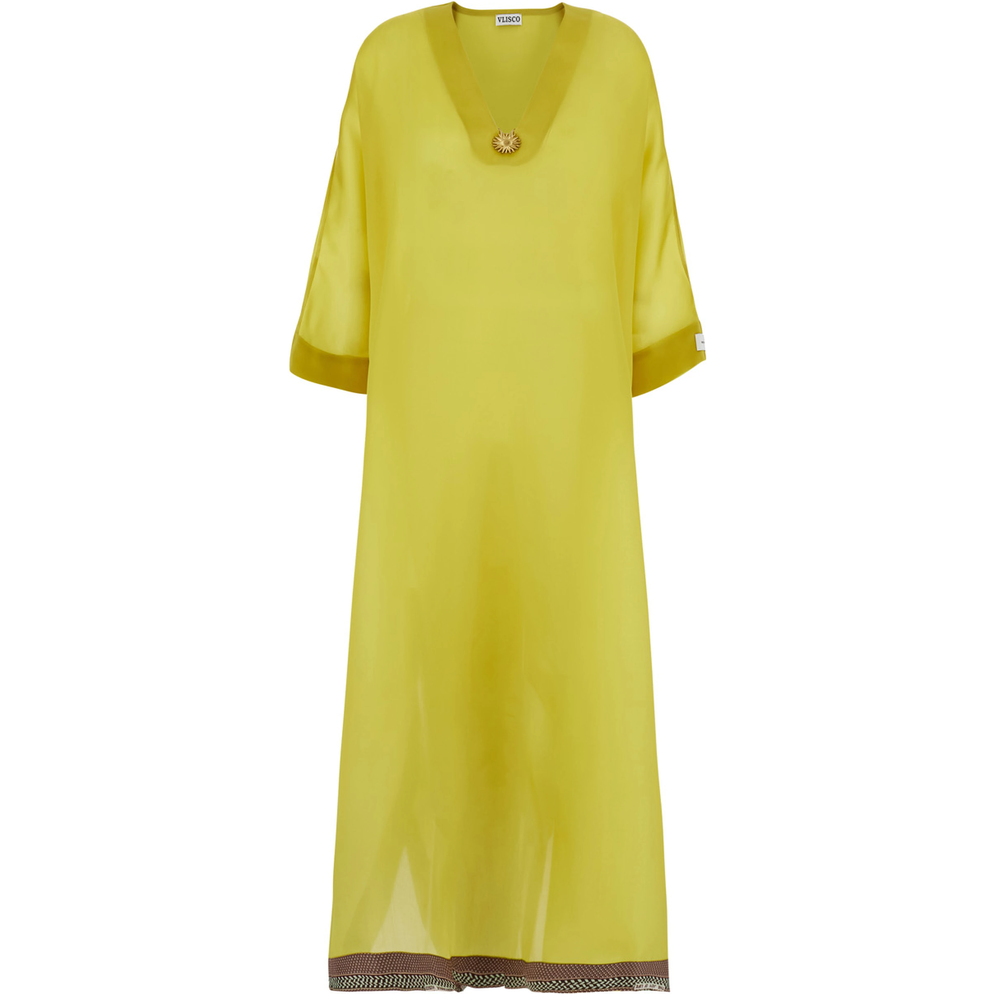 Yellow Kaftan with V-neck and front metal plate in silk Women