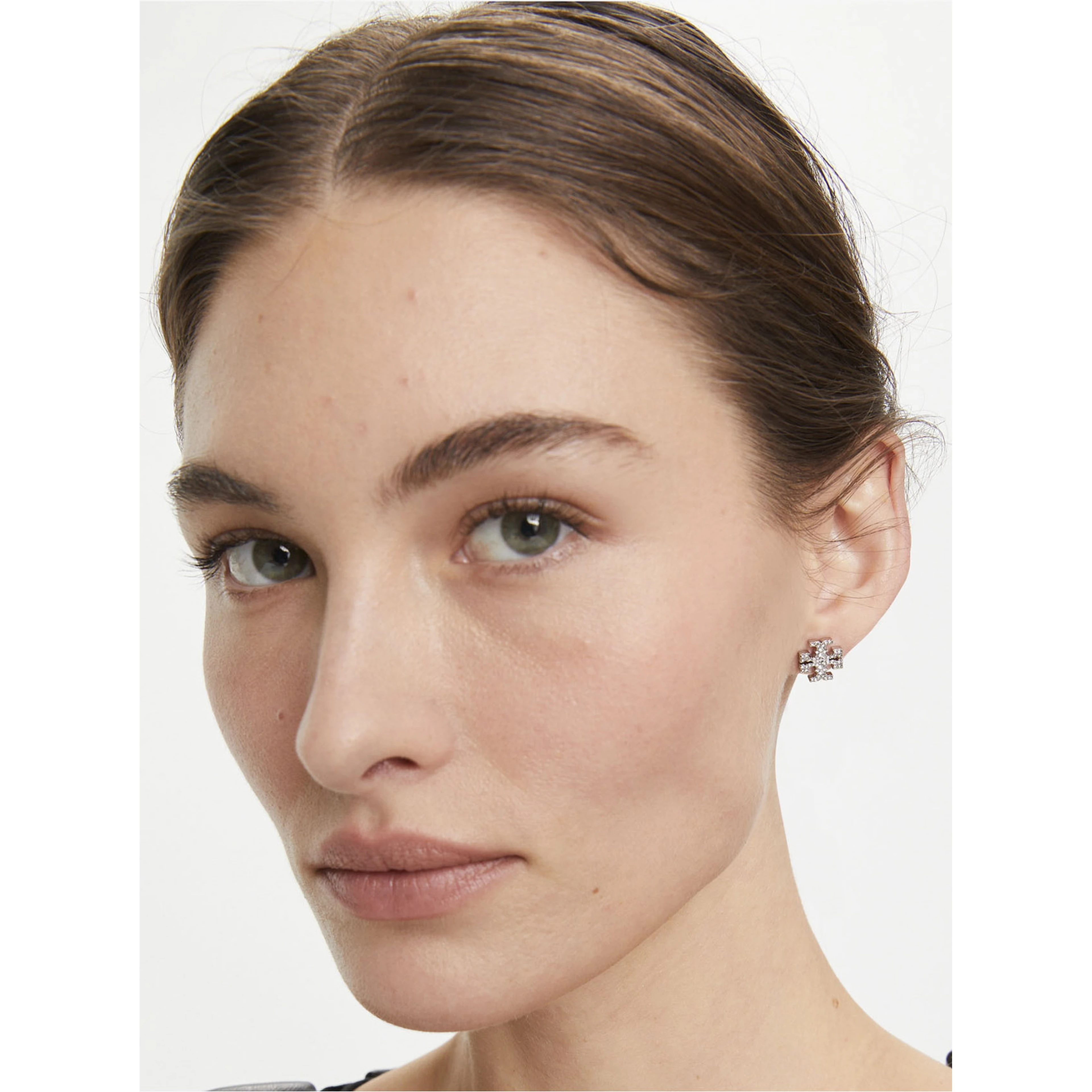 Earrings Kira with Double T Motif and Decoration with Crystals in Silver-Plated Brass for Women