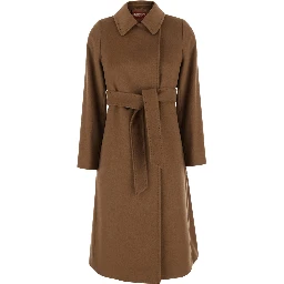 Brown coat with shirt collar and waist belt in wool for women