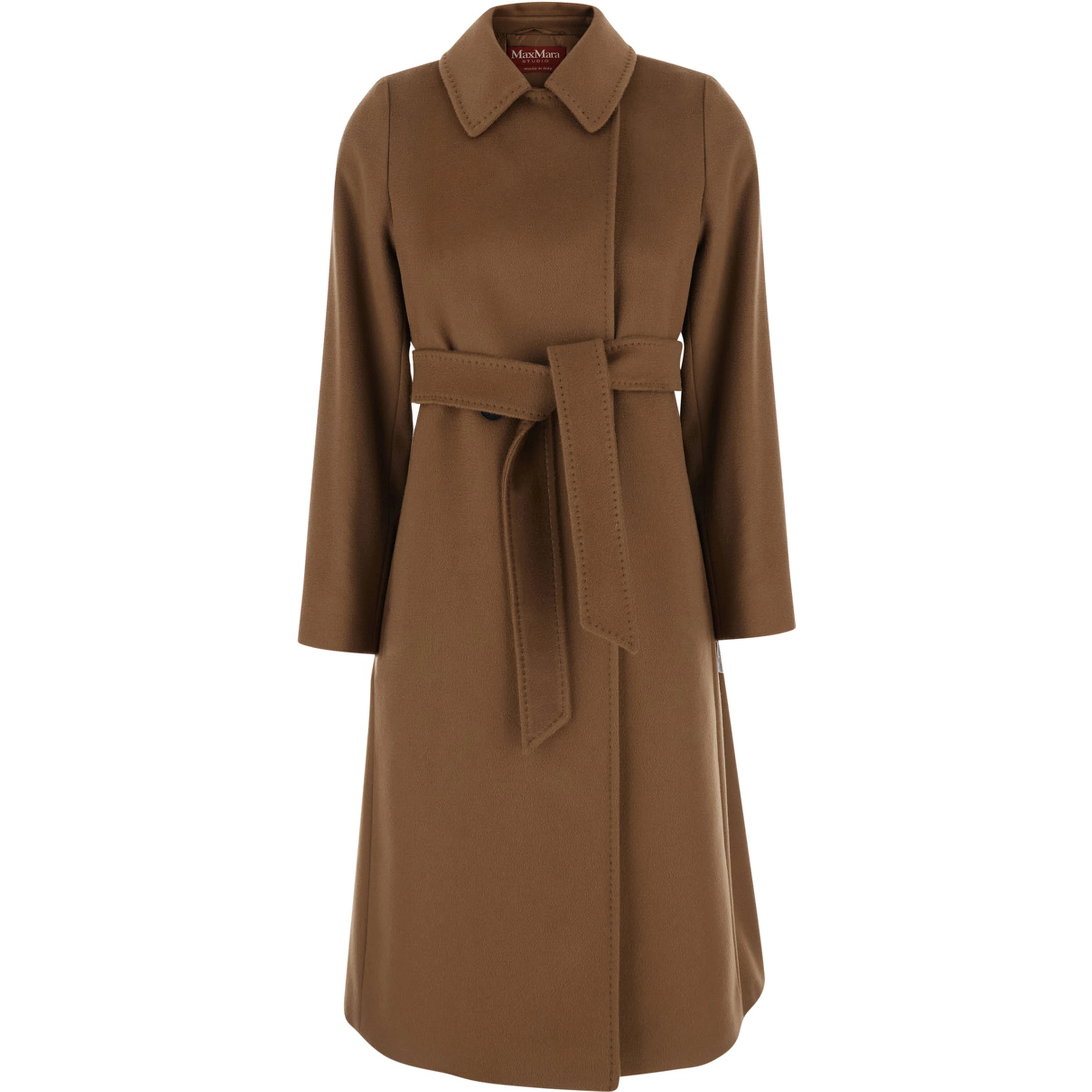 Brown coat with shirt collar and waist belt in wool for women