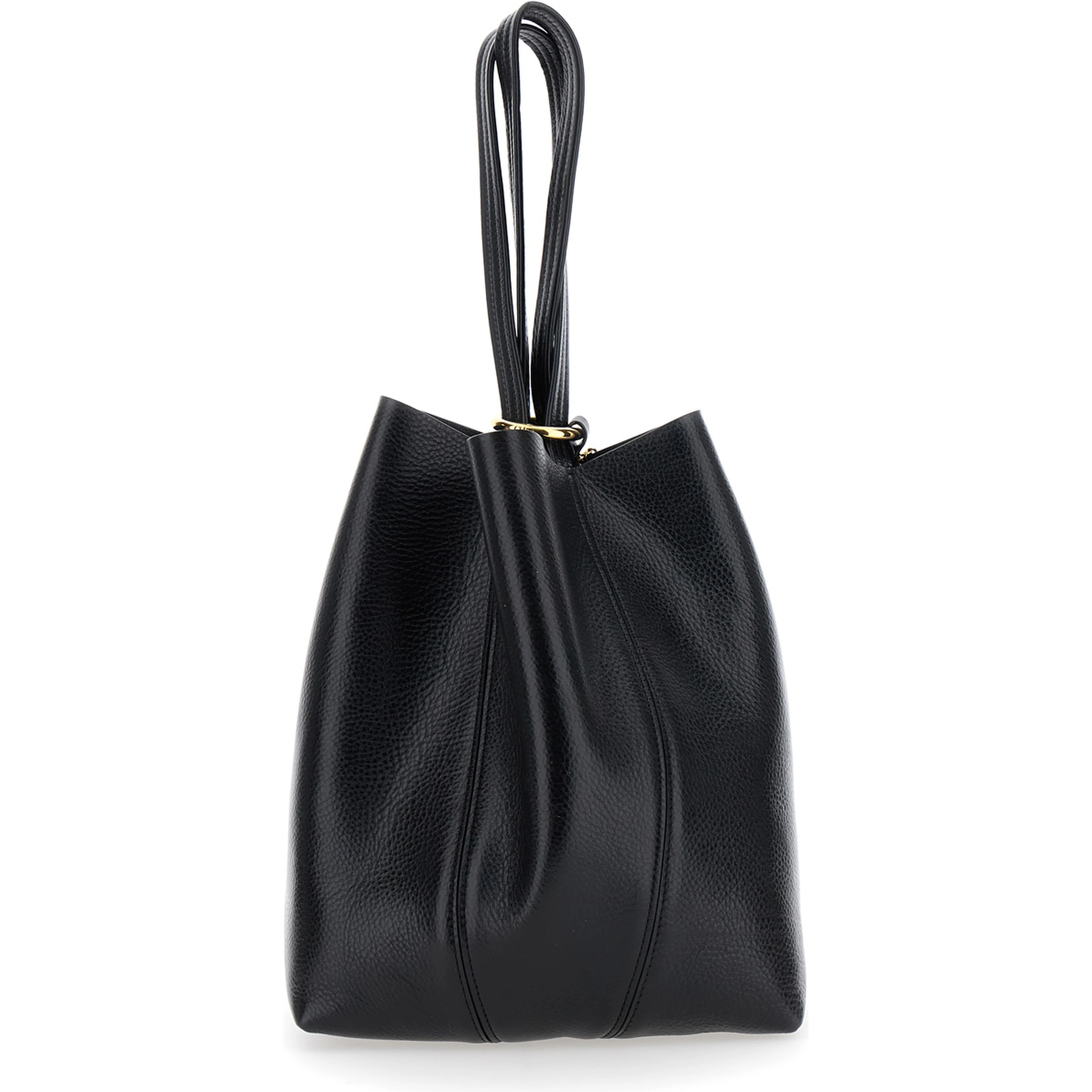 Shoulder Bag Spin with Logoed Metal Medals in Black Grained Leather for Women