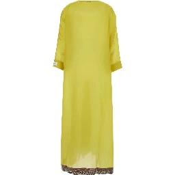 Yellow Kaftan with V-neck and front metal plate in silk Women