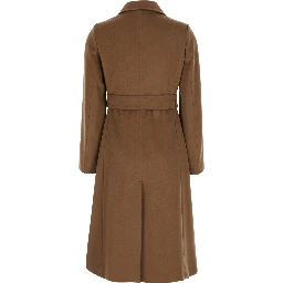 Brown coat with shirt collar and waist belt in wool for women
