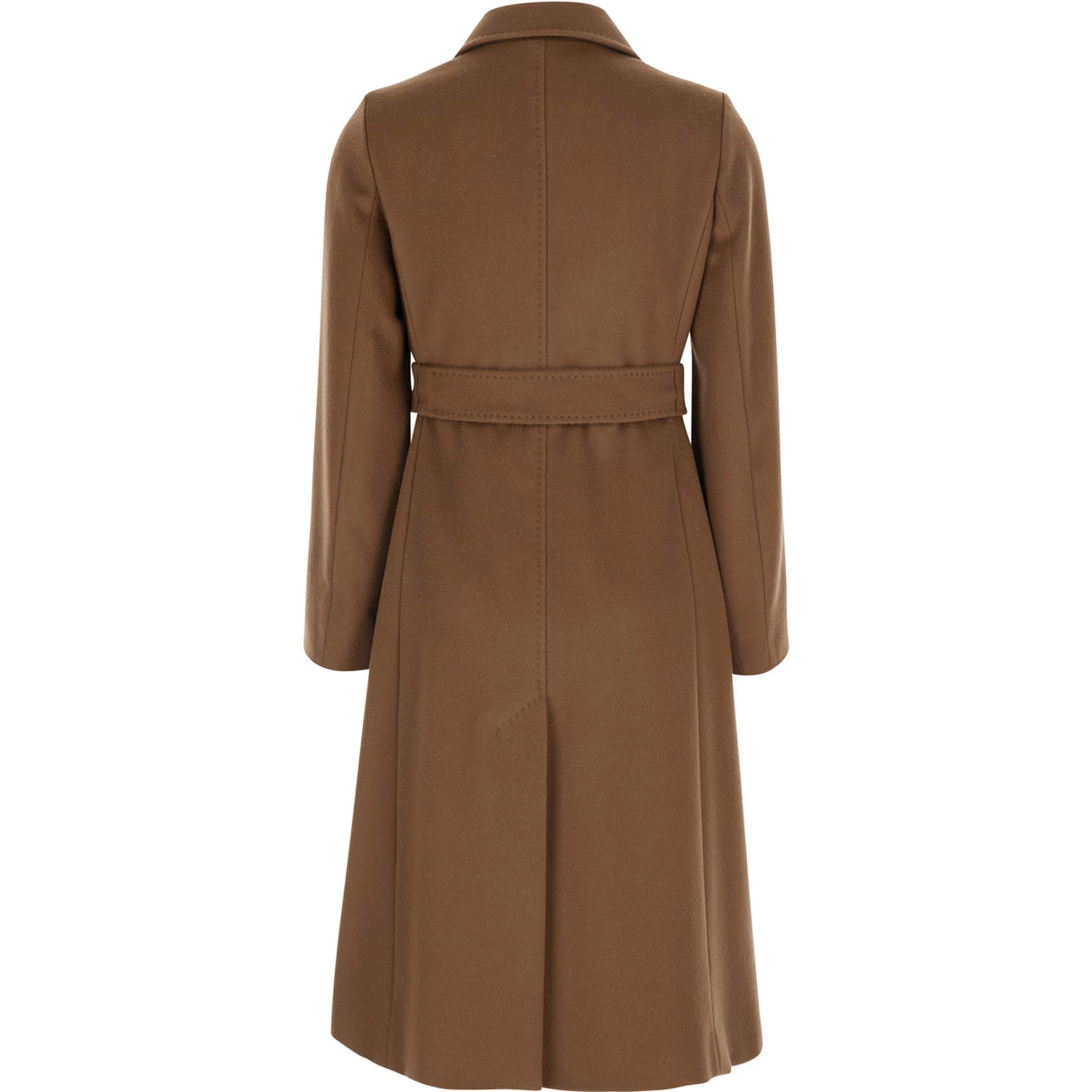 Brown coat with shirt collar and waist belt in wool for women
