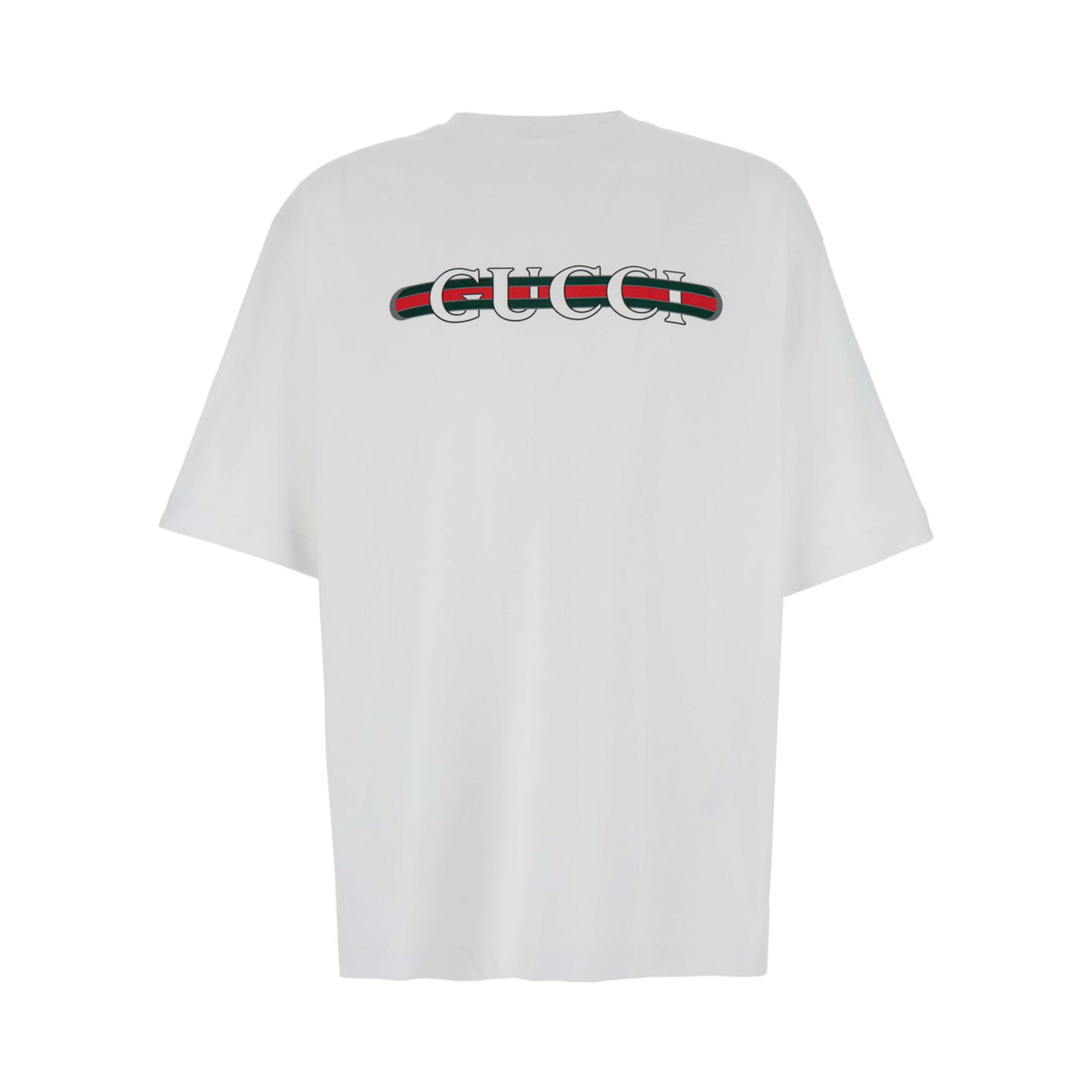 Crew Neck T-Shirt with Gucci and Web Print in White Cotton for Men