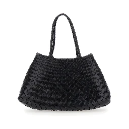 Crossbody bag Santa Croce with Two Top Handles and Intreccio Design in Black Leather for Women