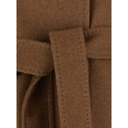 Brown coat with shirt collar and waist belt in wool for women