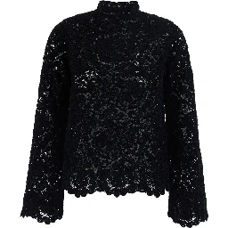 black Sweater with lace details and perforated design in fabric for women