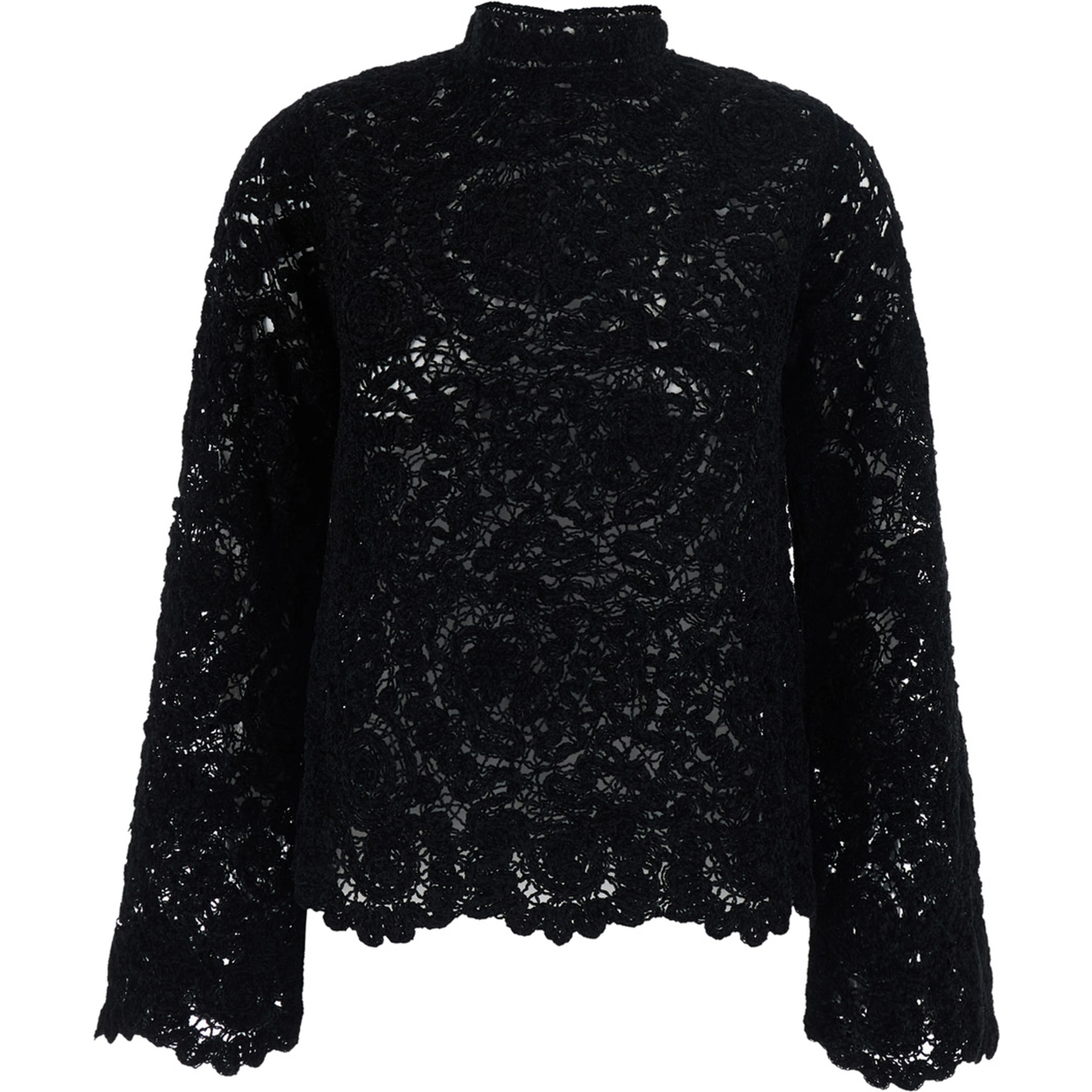 black Sweater with lace details and perforated design in fabric for women