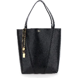 Shoulder Bag Spin with Logoed Metal Medals in Black Grained Leather for Women