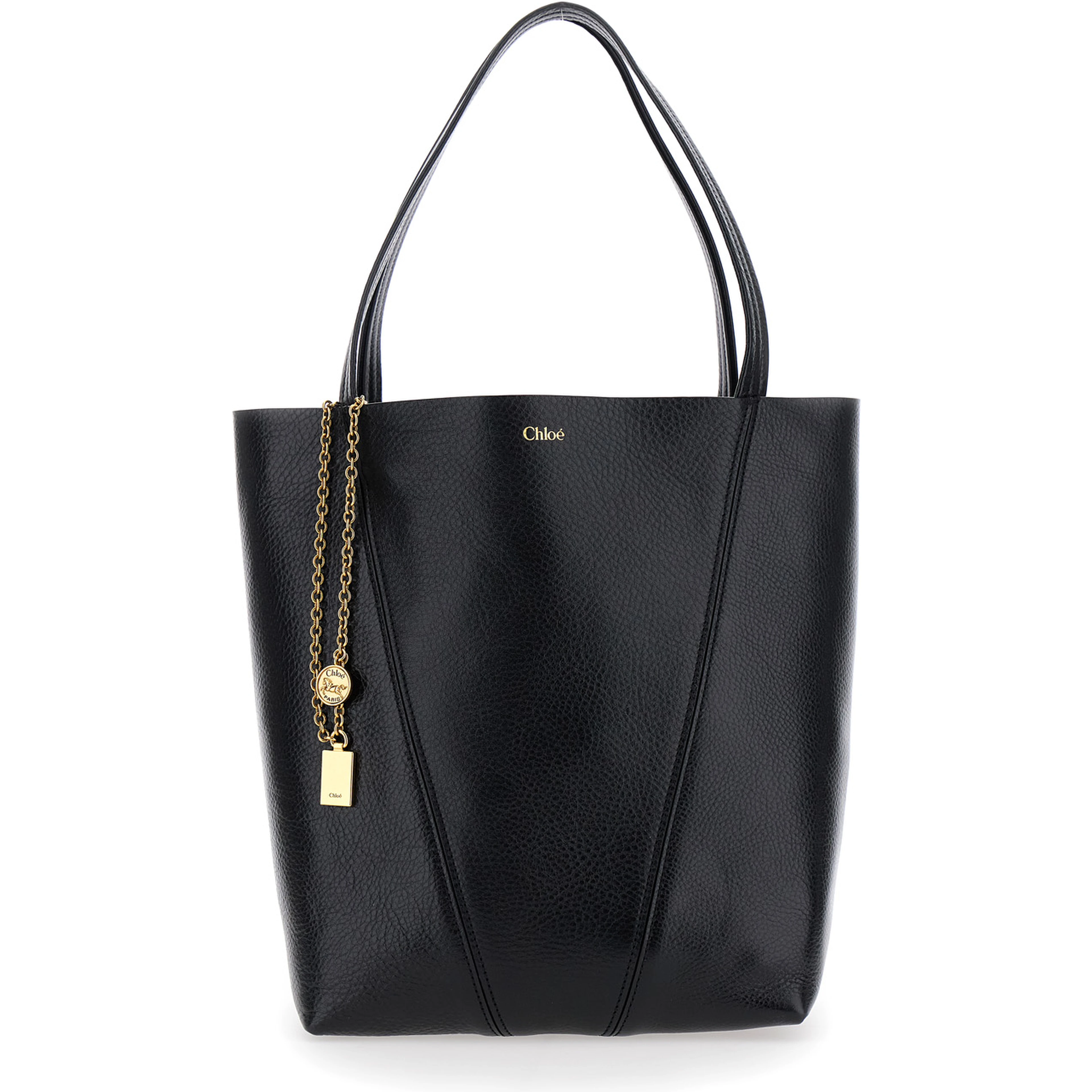 Shoulder Bag Spin with Logoed Metal Medals in Black Grained Leather for Women