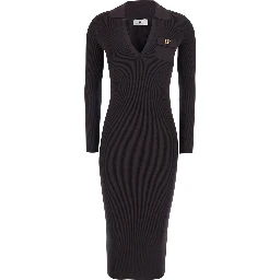 Brown Dress with V-neck and logo detail on the front in Tech Fabric for women
