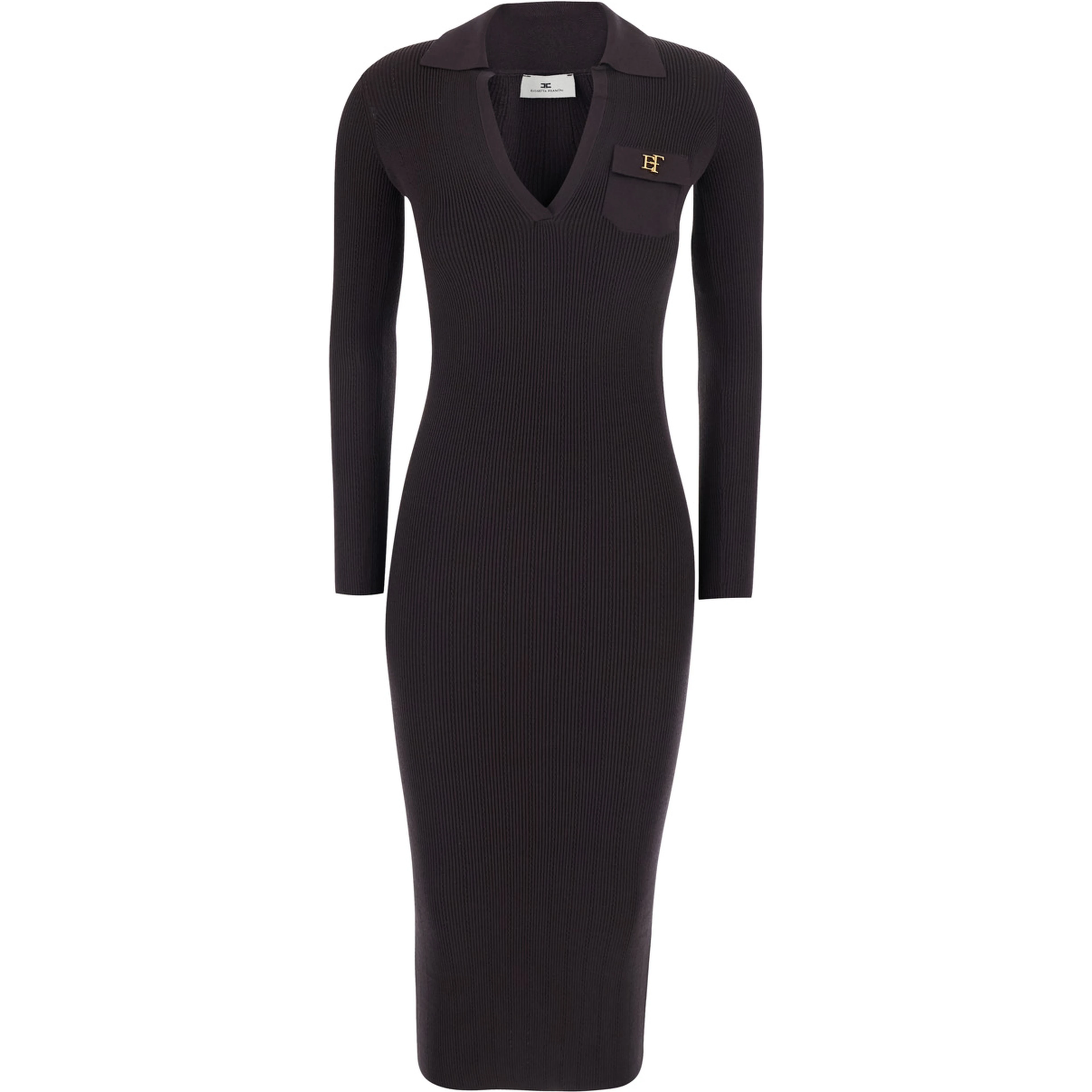 Brown Dress with V-neck and logo detail on the front in Tech Fabric for women