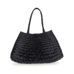 Crossbody bag Santa Croce with Two Top Handles and Intreccio Design in Black Leather for Women