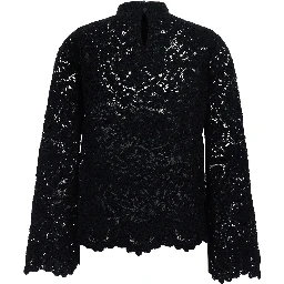 black Sweater with lace details and perforated design in fabric for women