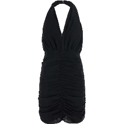 Black Mini Dress with V-Neck and Hidden Zip Closure at the Back in Tech Fabric for Women