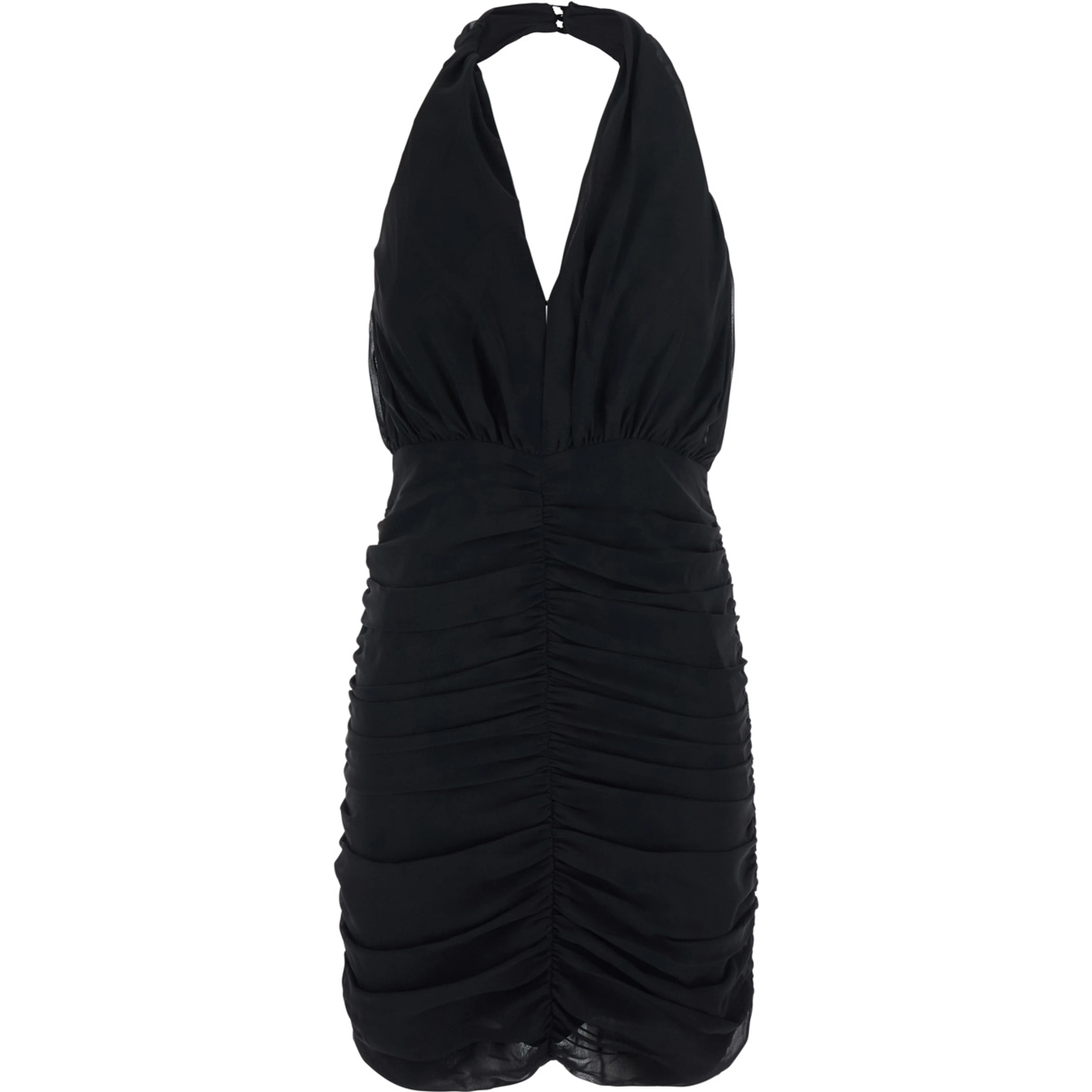 Black Mini Dress with V-Neck and Hidden Zip Closure at the Back in Tech Fabric for Women