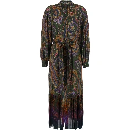 Brown Midi Dress with Classic Collar and All-Over Paisley Motif in Viscose for Women