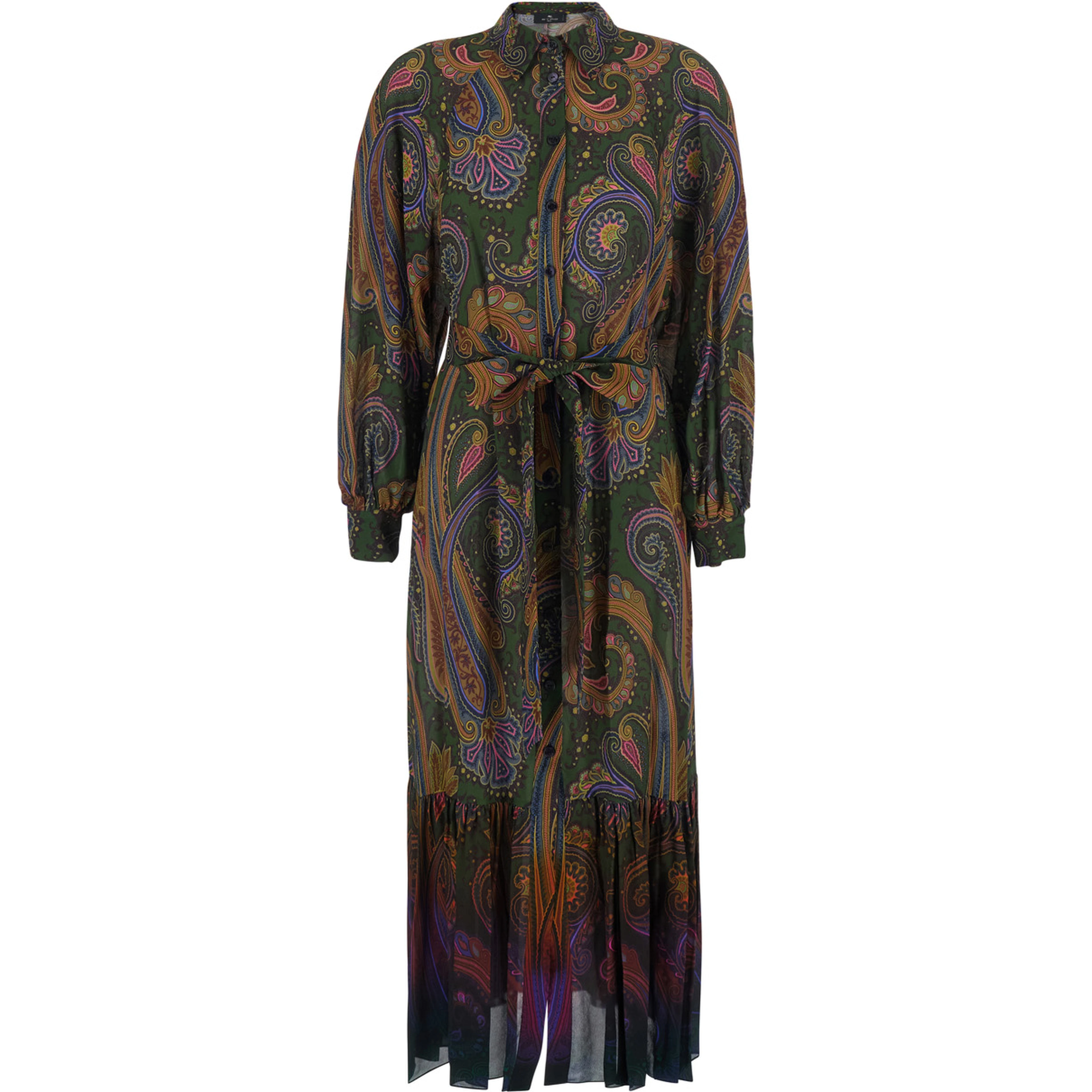 Brown Midi Dress with Classic Collar and All-Over Paisley Motif in Viscose for Women