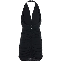 Black Mini Dress with V-Neck and Hidden Zip Closure at the Back in Tech Fabric for Women