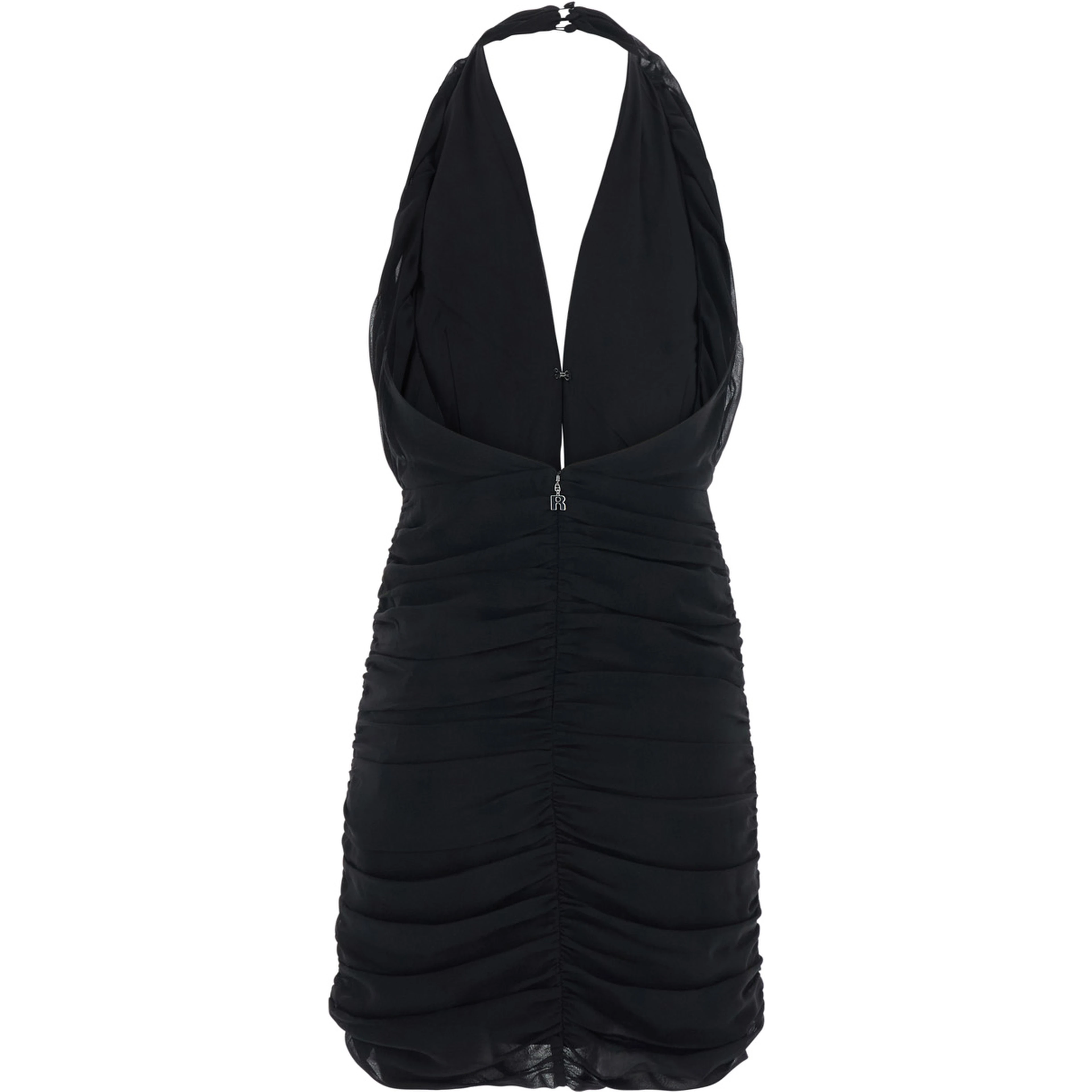 Black Mini Dress with V-Neck and Hidden Zip Closure at the Back in Tech Fabric for Women