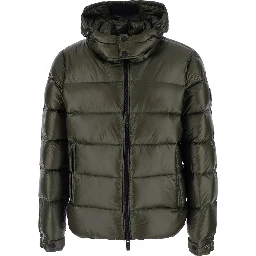 Green Down jacket with fixed hood and logo patch on the sleeve in glossy Tech Fabric for men