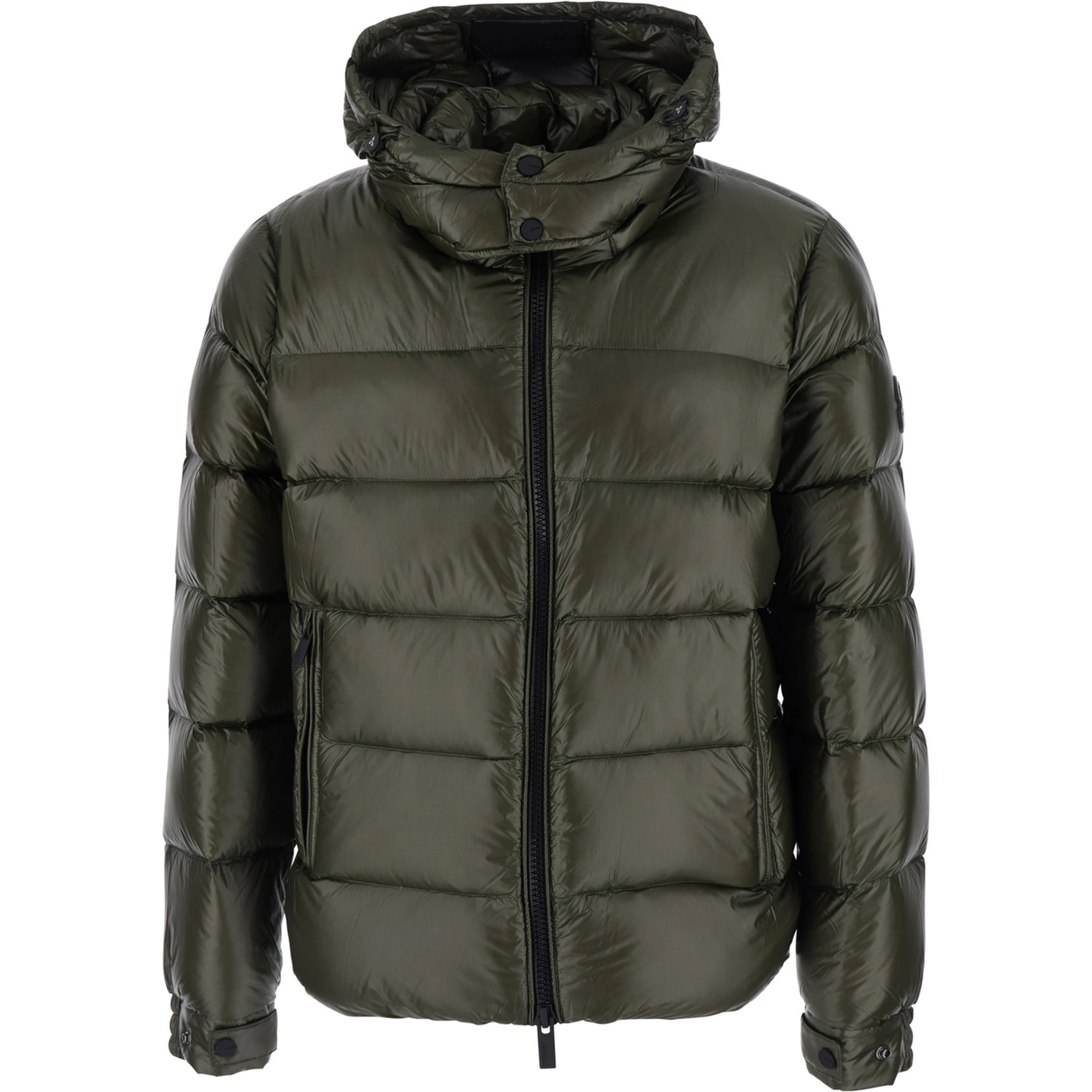 Green Down jacket with fixed hood and logo patch on the sleeve in glossy Tech Fabric for men